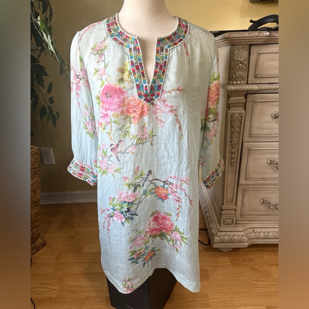 Johnny Was Floral Embroidered Ramie Tunic Top Boho Size M - Picture 2 of 9